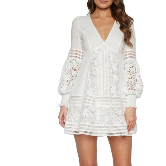 BARDOT Mariah Long Sleeve Swiss Dot & Lace Babydoll Dress - Picture 2 of 8